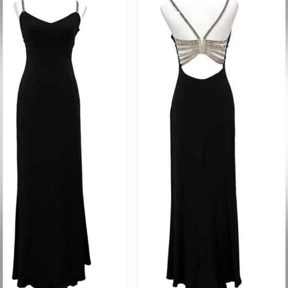 Vintage 90’s Dress Metal Diamond Rhinestone Backless Dress Maxi Black Slip Prom - Picture 13 of 17